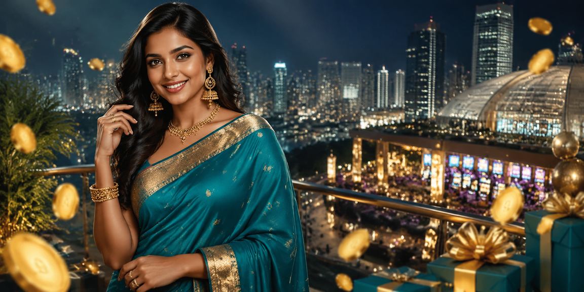 A vibrant casino gaming scene with players in traditional Indian attire